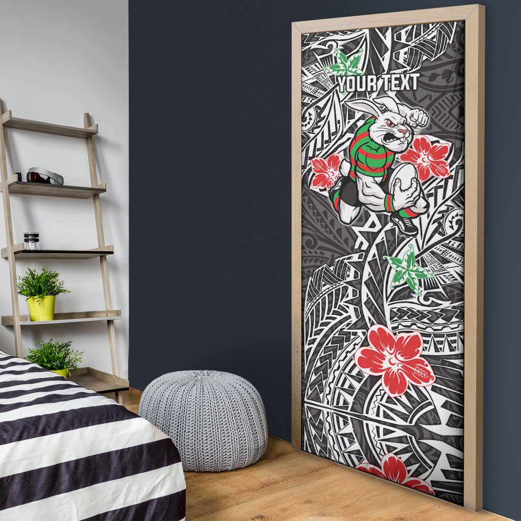 Personalised South Sydney Rabbitohs Door Cover Polynesian Tribal Pattern With Rugby Rabbit Mascot Art