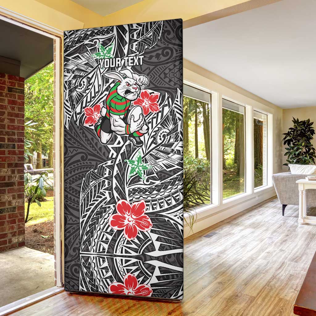 Personalised South Sydney Rabbitohs Door Cover Polynesian Tribal Pattern With Rugby Rabbit Mascot Art