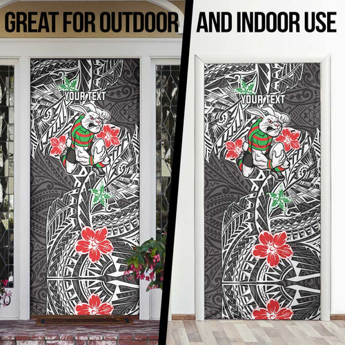 Personalised South Sydney Rabbitohs Door Cover Polynesian Tribal Pattern With Rugby Rabbit Mascot Art
