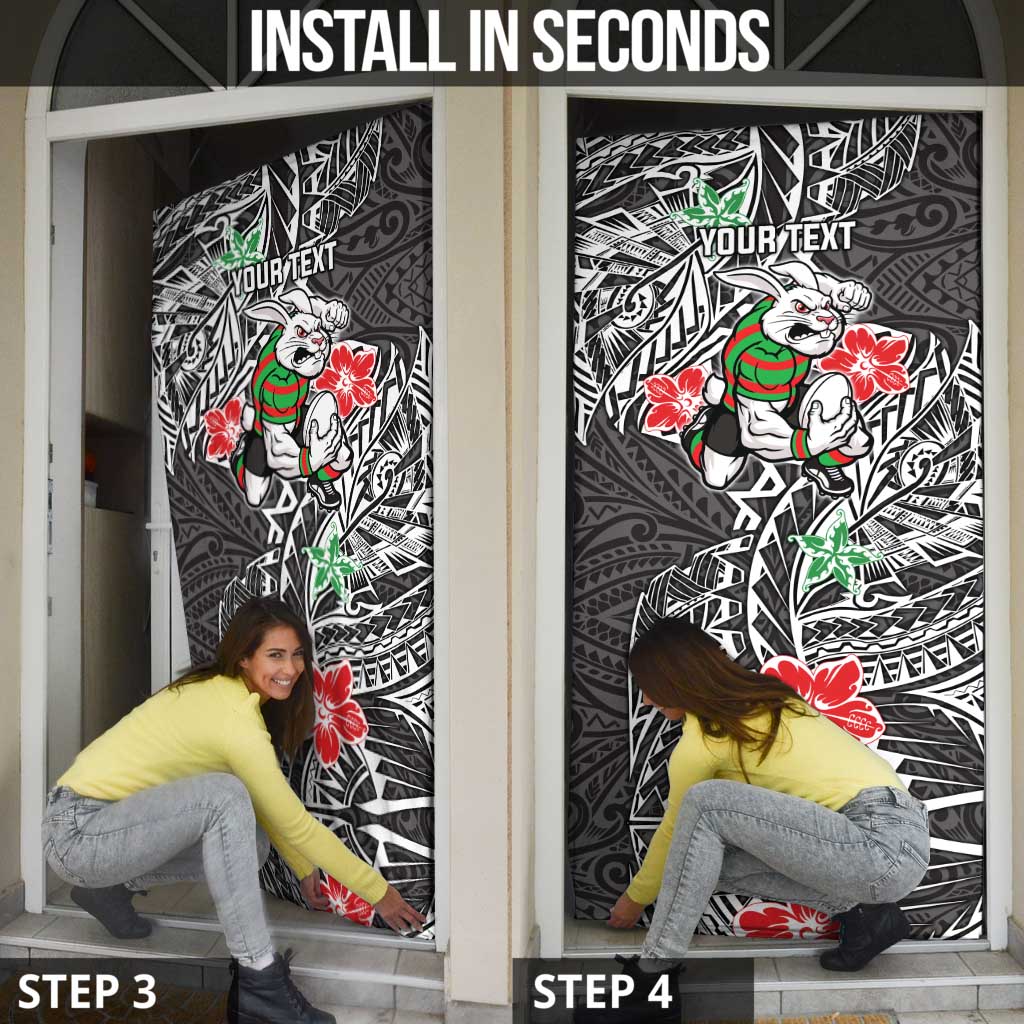 Personalised South Sydney Rabbitohs Door Cover Polynesian Tribal Pattern With Rugby Rabbit Mascot Art