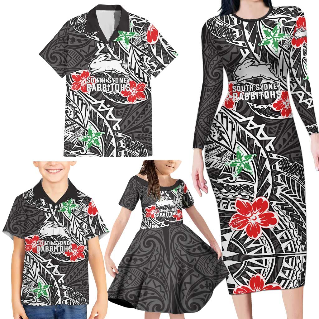 Personalised South Sydney Rabbitohs Family Matching Long Sleeve Bodycon Dress and Hawaiian Shirt Polynesian Tribal Pattern With Rugby Rabbit Mascot Art