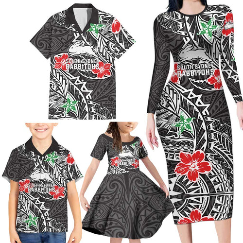 Personalised South Sydney Rabbitohs Family Matching Long Sleeve Bodycon Dress and Hawaiian Shirt Polynesian Tribal Pattern With Rugby Rabbit Mascot Art