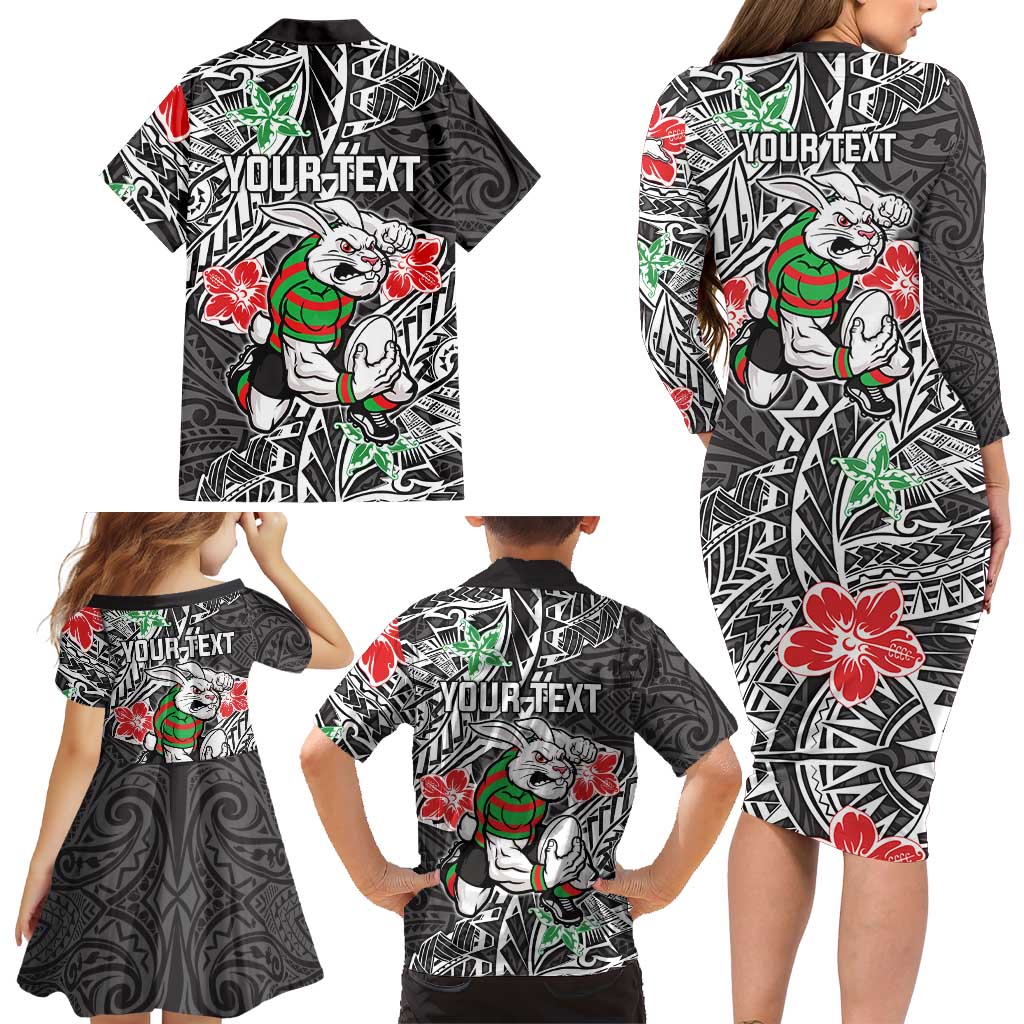 Personalised South Sydney Rabbitohs Family Matching Long Sleeve Bodycon Dress and Hawaiian Shirt Polynesian Tribal Pattern With Rugby Rabbit Mascot Art