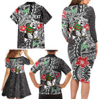 Personalised South Sydney Rabbitohs Family Matching Long Sleeve Bodycon Dress and Hawaiian Shirt Polynesian Tribal Pattern With Rugby Rabbit Mascot Art