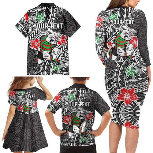 Personalised South Sydney Rabbitohs Family Matching Long Sleeve Bodycon Dress and Hawaiian Shirt Polynesian Tribal Pattern With Rugby Rabbit Mascot Art