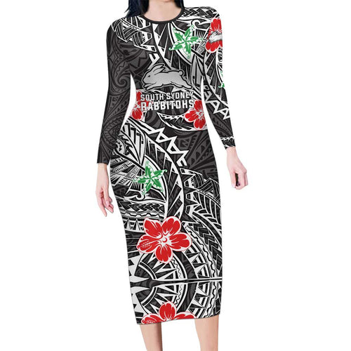 Personalised South Sydney Rabbitohs Family Matching Long Sleeve Bodycon Dress and Hawaiian Shirt Polynesian Tribal Pattern With Rugby Rabbit Mascot Art