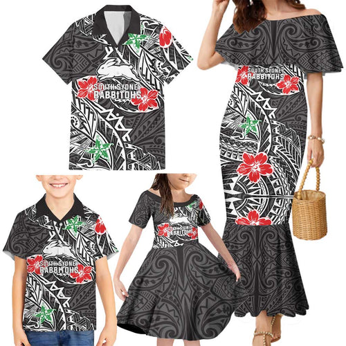 Personalised South Sydney Rabbitohs Family Matching Mermaid Dress and Hawaiian Shirt Polynesian Tribal Pattern With Rugby Rabbit Mascot Art