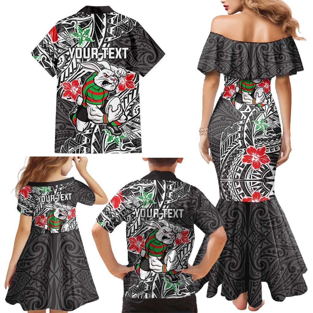 Personalised South Sydney Rabbitohs Family Matching Mermaid Dress and Hawaiian Shirt Polynesian Tribal Pattern With Rugby Rabbit Mascot Art