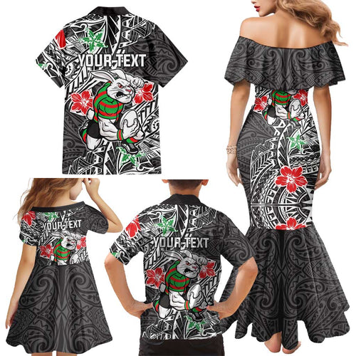 Personalised South Sydney Rabbitohs Family Matching Mermaid Dress and Hawaiian Shirt Polynesian Tribal Pattern With Rugby Rabbit Mascot Art
