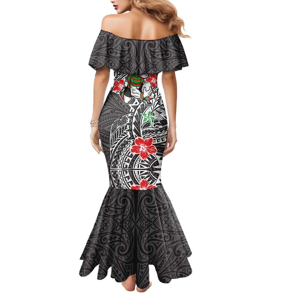 Personalised South Sydney Rabbitohs Family Matching Mermaid Dress and Hawaiian Shirt Polynesian Tribal Pattern With Rugby Rabbit Mascot Art