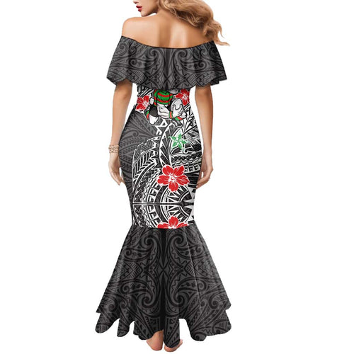 Personalised South Sydney Rabbitohs Family Matching Mermaid Dress and Hawaiian Shirt Polynesian Tribal Pattern With Rugby Rabbit Mascot Art