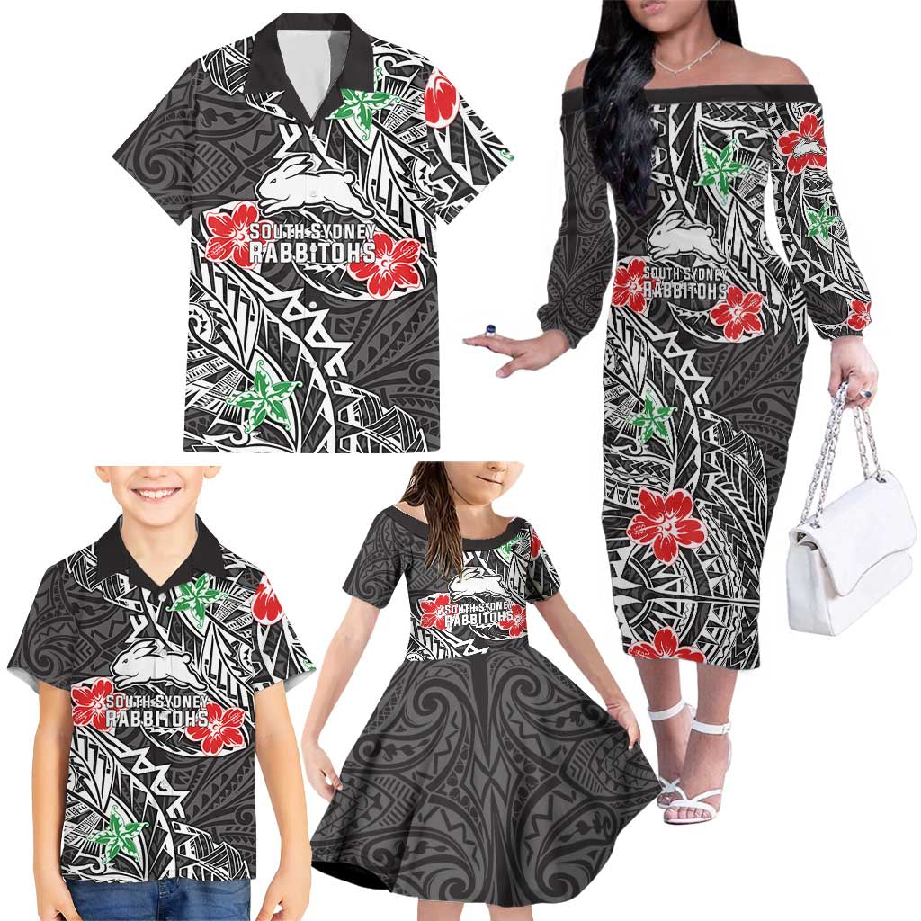 Personalised South Sydney Rabbitohs Family Matching Off The Shoulder Long Sleeve Dress and Hawaiian Shirt Polynesian Tribal Pattern With Rugby Rabbit Mascot Art