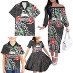 Personalised South Sydney Rabbitohs Family Matching Off The Shoulder Long Sleeve Dress and Hawaiian Shirt Polynesian Tribal Pattern With Rugby Rabbit Mascot Art