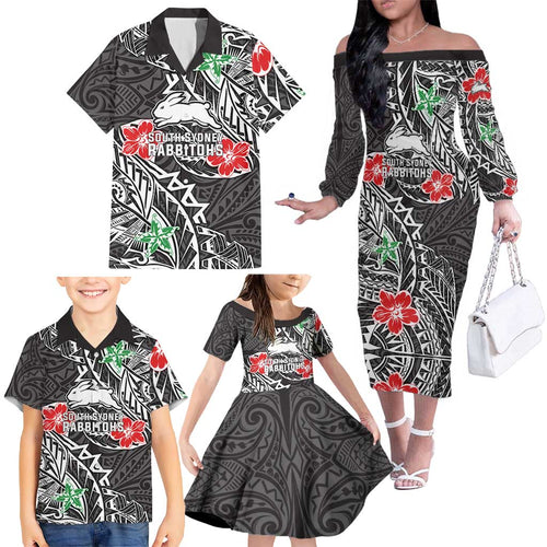 Personalised South Sydney Rabbitohs Family Matching Off The Shoulder Long Sleeve Dress and Hawaiian Shirt Polynesian Tribal Pattern With Rugby Rabbit Mascot Art