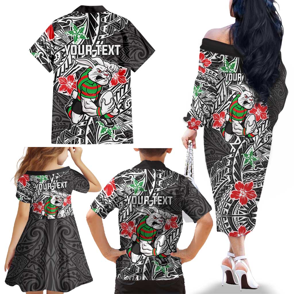 Personalised South Sydney Rabbitohs Family Matching Off The Shoulder Long Sleeve Dress and Hawaiian Shirt Polynesian Tribal Pattern With Rugby Rabbit Mascot Art