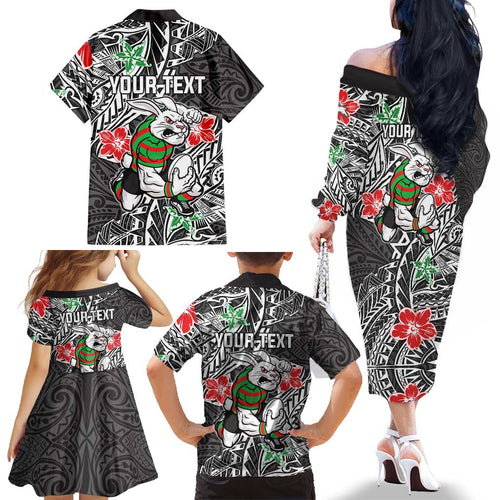 Personalised South Sydney Rabbitohs Family Matching Off The Shoulder Long Sleeve Dress and Hawaiian Shirt Polynesian Tribal Pattern With Rugby Rabbit Mascot Art