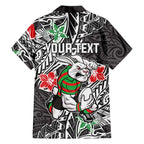 Personalised South Sydney Rabbitohs Family Matching Off The Shoulder Long Sleeve Dress and Hawaiian Shirt Polynesian Tribal Pattern With Rugby Rabbit Mascot Art