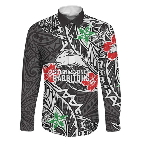 Personalised South Sydney Rabbitohs Family Matching Off The Shoulder Long Sleeve Dress and Hawaiian Shirt Polynesian Tribal Pattern With Rugby Rabbit Mascot Art