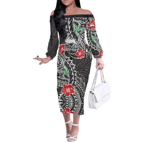Personalised South Sydney Rabbitohs Family Matching Off The Shoulder Long Sleeve Dress and Hawaiian Shirt Polynesian Tribal Pattern With Rugby Rabbit Mascot Art