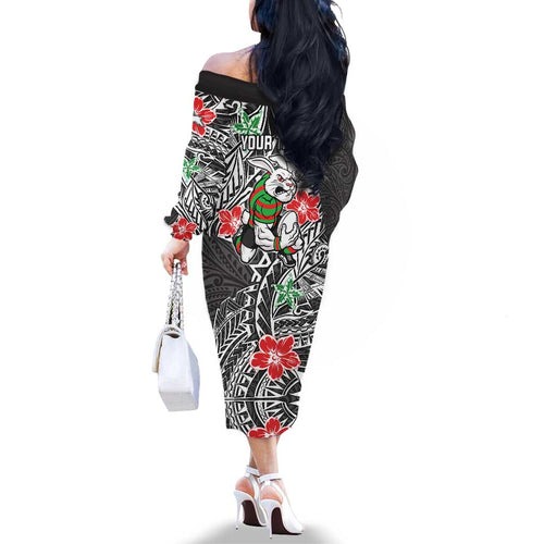 Personalised South Sydney Rabbitohs Family Matching Off The Shoulder Long Sleeve Dress and Hawaiian Shirt Polynesian Tribal Pattern With Rugby Rabbit Mascot Art