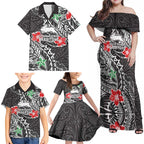 Personalised South Sydney Rabbitohs Family Matching Off Shoulder Maxi Dress and Hawaiian Shirt Polynesian Tribal Pattern With Rugby Rabbit Mascot Art