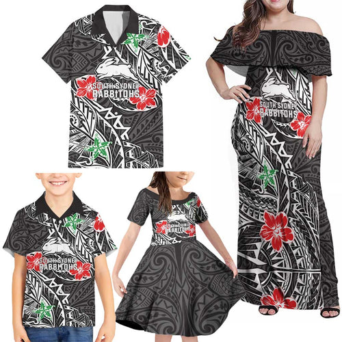 Personalised South Sydney Rabbitohs Family Matching Off Shoulder Maxi Dress and Hawaiian Shirt Polynesian Tribal Pattern With Rugby Rabbit Mascot Art