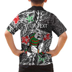 Personalised South Sydney Rabbitohs Family Matching Off Shoulder Maxi Dress and Hawaiian Shirt Polynesian Tribal Pattern With Rugby Rabbit Mascot Art
