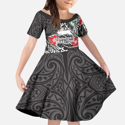 Personalised South Sydney Rabbitohs Family Matching Off Shoulder Maxi Dress and Hawaiian Shirt Polynesian Tribal Pattern With Rugby Rabbit Mascot Art