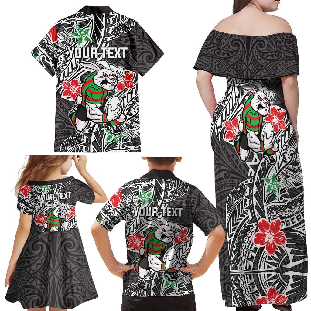 Personalised South Sydney Rabbitohs Family Matching Off Shoulder Maxi Dress and Hawaiian Shirt Polynesian Tribal Pattern With Rugby Rabbit Mascot Art