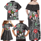 Personalised South Sydney Rabbitohs Family Matching Off Shoulder Maxi Dress and Hawaiian Shirt Polynesian Tribal Pattern With Rugby Rabbit Mascot Art
