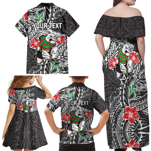 Personalised South Sydney Rabbitohs Family Matching Off Shoulder Maxi Dress and Hawaiian Shirt Polynesian Tribal Pattern With Rugby Rabbit Mascot Art