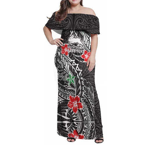 Personalised South Sydney Rabbitohs Family Matching Off Shoulder Maxi Dress and Hawaiian Shirt Polynesian Tribal Pattern With Rugby Rabbit Mascot Art