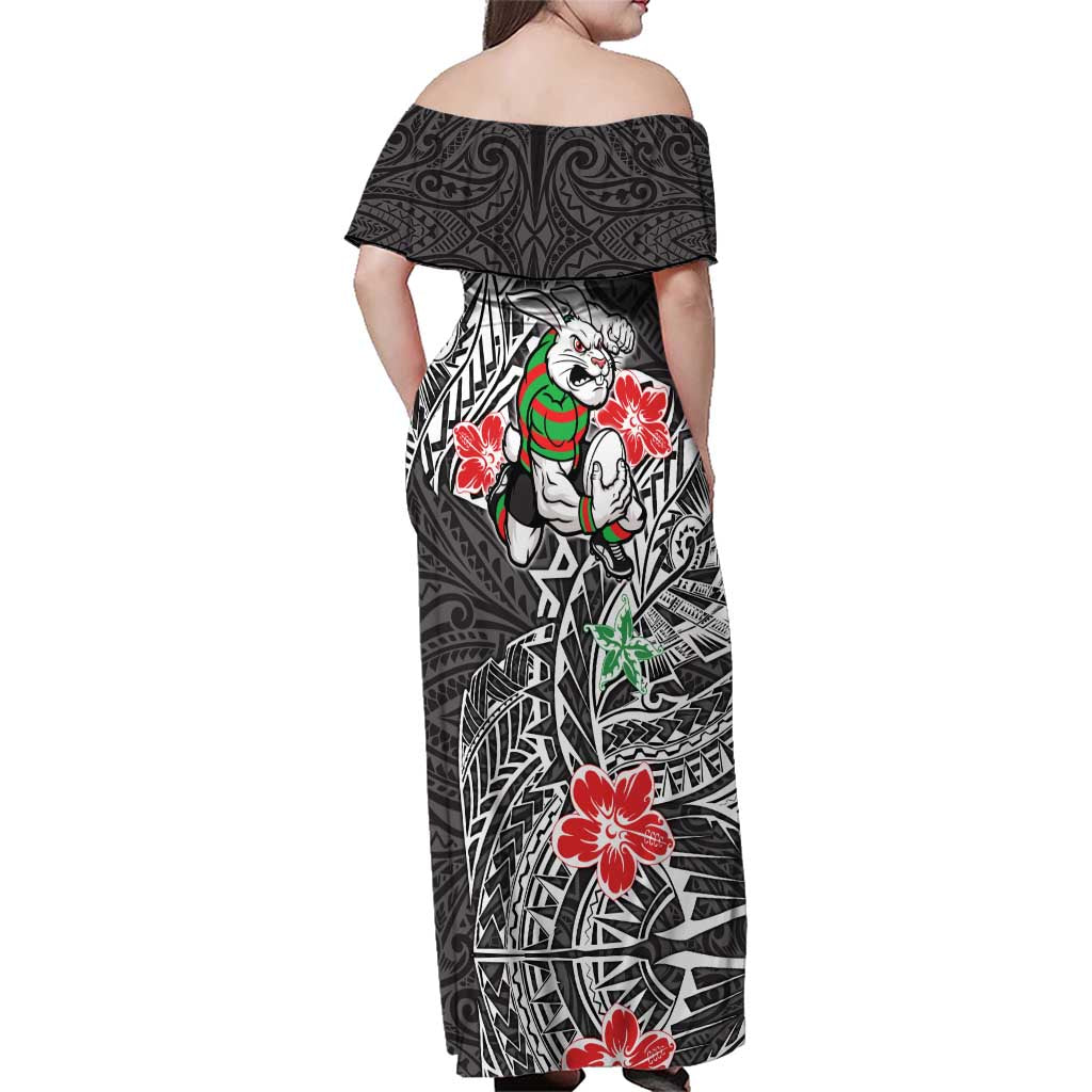 Personalised South Sydney Rabbitohs Family Matching Off Shoulder Maxi Dress and Hawaiian Shirt Polynesian Tribal Pattern With Rugby Rabbit Mascot Art