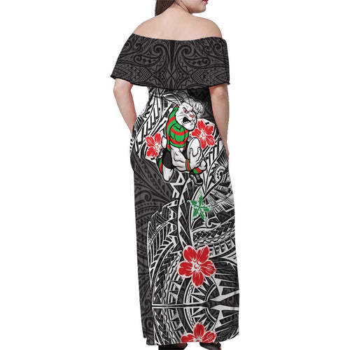 Personalised South Sydney Rabbitohs Family Matching Off Shoulder Maxi Dress and Hawaiian Shirt Polynesian Tribal Pattern With Rugby Rabbit Mascot Art