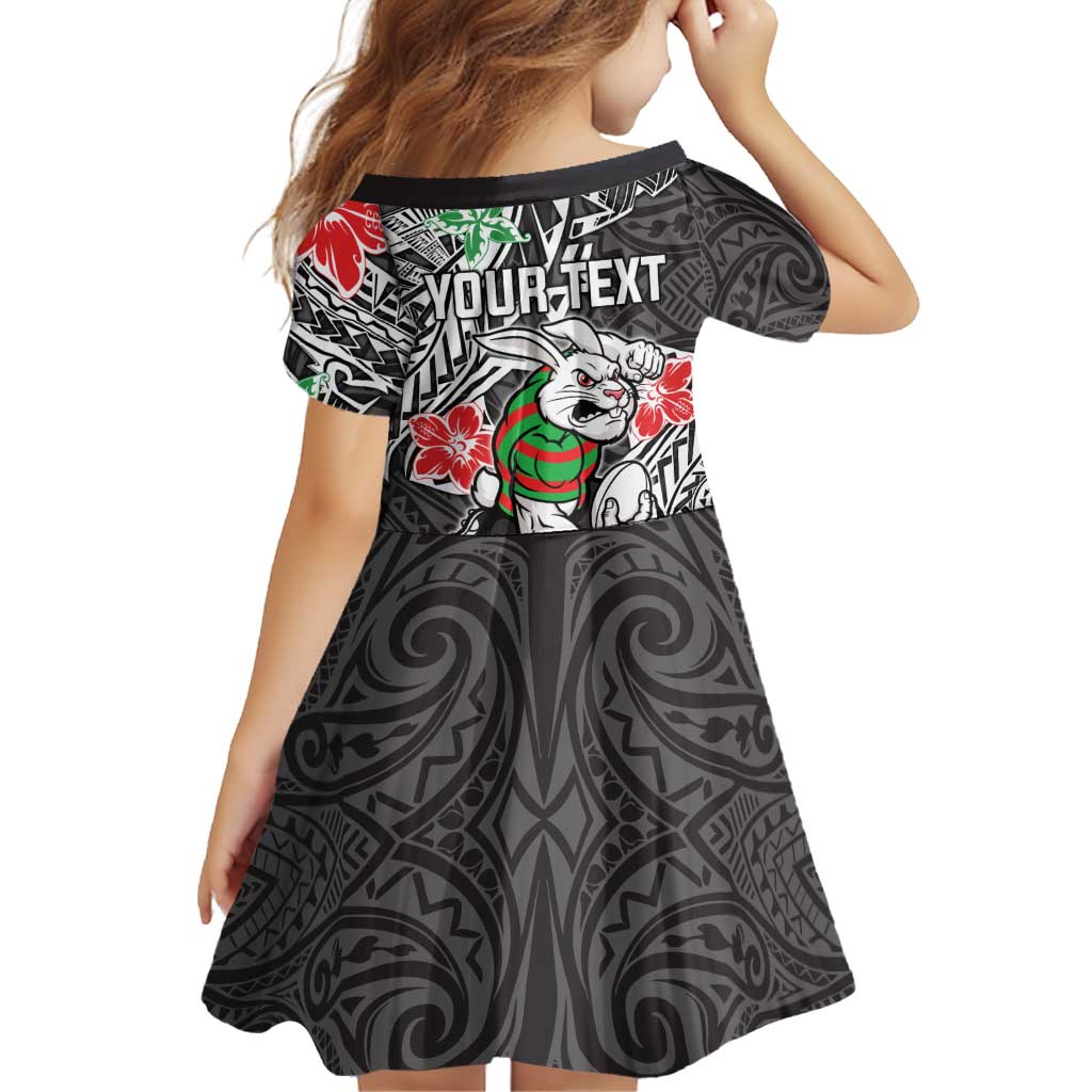 Personalised South Sydney Rabbitohs Family Matching Off Shoulder Short Dress and Hawaiian Shirt Polynesian Tribal Pattern With Rugby Rabbit Mascot Art
