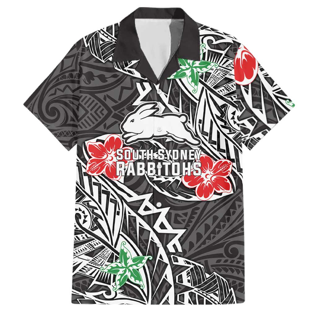 Personalised South Sydney Rabbitohs Family Matching Off Shoulder Short Dress and Hawaiian Shirt Polynesian Tribal Pattern With Rugby Rabbit Mascot Art