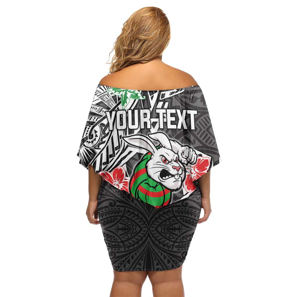 Personalised South Sydney Rabbitohs Family Matching Off Shoulder Short Dress and Hawaiian Shirt Polynesian Tribal Pattern With Rugby Rabbit Mascot Art
