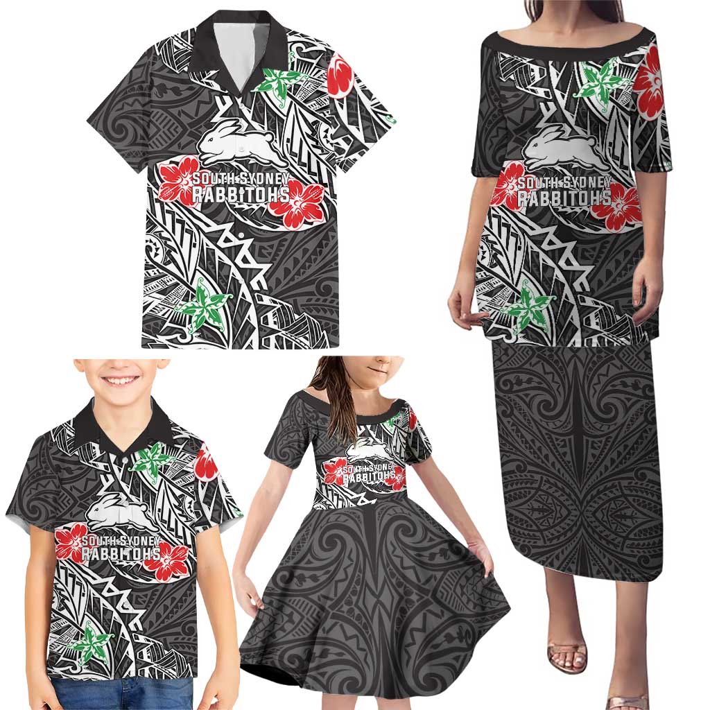 Personalised South Sydney Rabbitohs Family Matching Puletasi and Hawaiian Shirt Polynesian Tribal Pattern With Rugby Rabbit Mascot Art