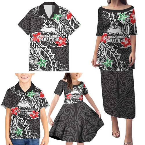 Personalised South Sydney Rabbitohs Family Matching Puletasi and Hawaiian Shirt Polynesian Tribal Pattern With Rugby Rabbit Mascot Art