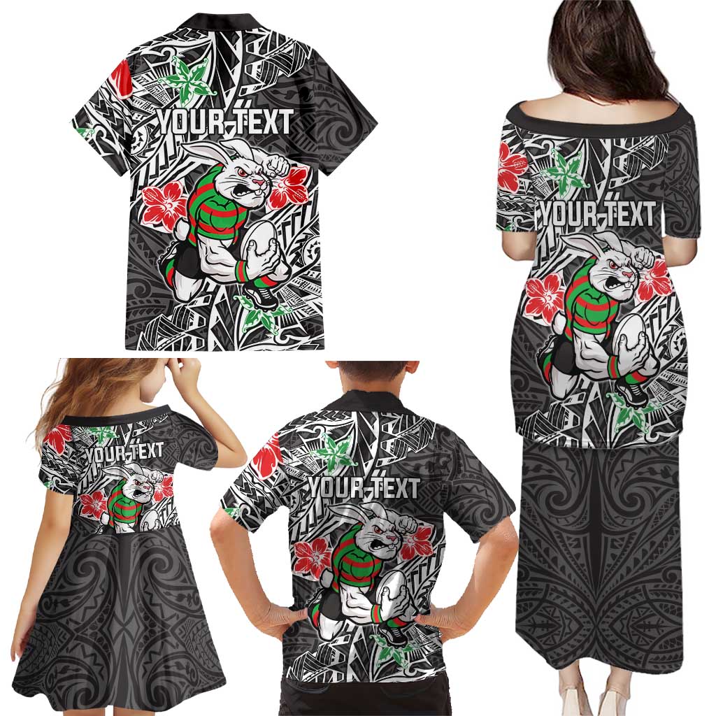 Personalised South Sydney Rabbitohs Family Matching Puletasi and Hawaiian Shirt Polynesian Tribal Pattern With Rugby Rabbit Mascot Art