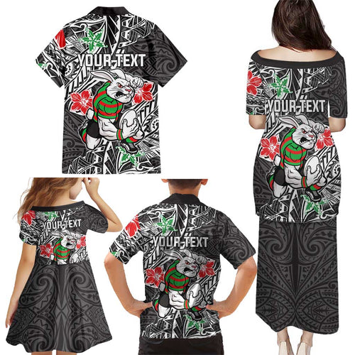 Personalised South Sydney Rabbitohs Family Matching Puletasi and Hawaiian Shirt Polynesian Tribal Pattern With Rugby Rabbit Mascot Art