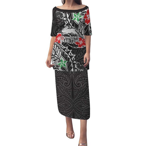 Personalised South Sydney Rabbitohs Family Matching Puletasi and Hawaiian Shirt Polynesian Tribal Pattern With Rugby Rabbit Mascot Art