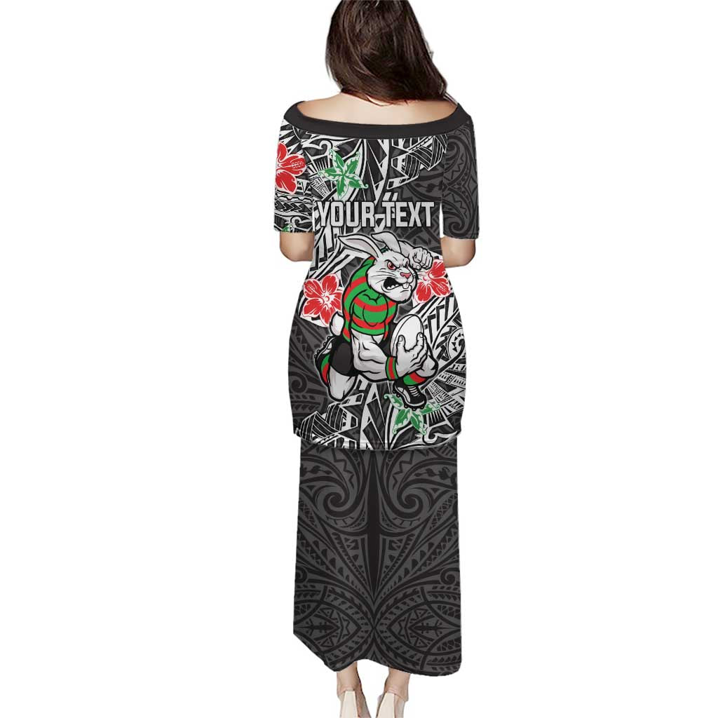 Personalised South Sydney Rabbitohs Family Matching Puletasi and Hawaiian Shirt Polynesian Tribal Pattern With Rugby Rabbit Mascot Art