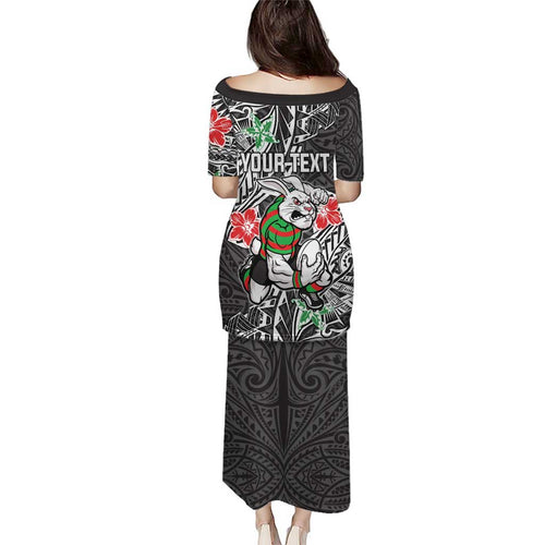 Personalised South Sydney Rabbitohs Family Matching Puletasi and Hawaiian Shirt Polynesian Tribal Pattern With Rugby Rabbit Mascot Art