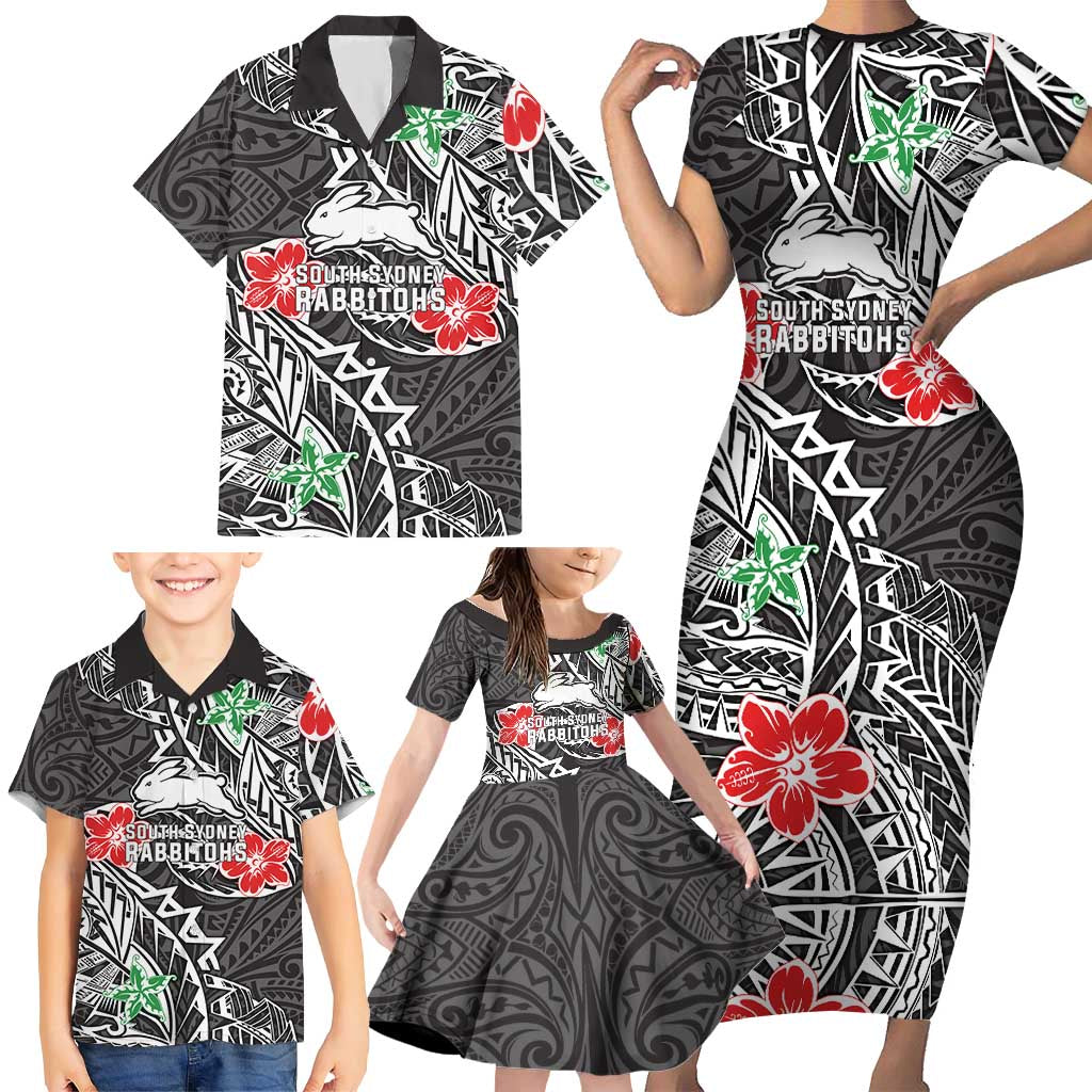Personalised South Sydney Rabbitohs Family Matching Short Sleeve Bodycon Dress and Hawaiian Shirt Polynesian Tribal Pattern With Rugby Rabbit Mascot Art