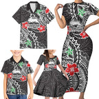 Personalised South Sydney Rabbitohs Family Matching Short Sleeve Bodycon Dress and Hawaiian Shirt Polynesian Tribal Pattern With Rugby Rabbit Mascot Art