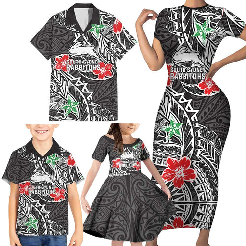 Personalised South Sydney Rabbitohs Family Matching Short Sleeve Bodycon Dress and Hawaiian Shirt Polynesian Tribal Pattern With Rugby Rabbit Mascot Art