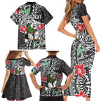 Personalised South Sydney Rabbitohs Family Matching Short Sleeve Bodycon Dress and Hawaiian Shirt Polynesian Tribal Pattern With Rugby Rabbit Mascot Art