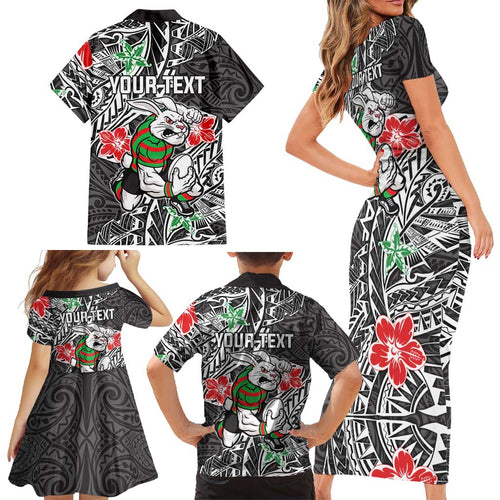 Personalised South Sydney Rabbitohs Family Matching Short Sleeve Bodycon Dress and Hawaiian Shirt Polynesian Tribal Pattern With Rugby Rabbit Mascot Art