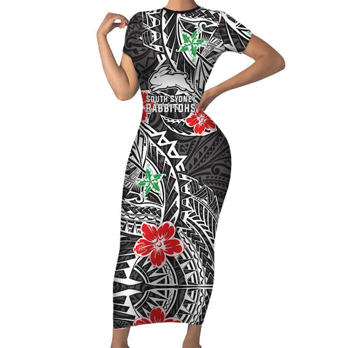 Personalised South Sydney Rabbitohs Family Matching Short Sleeve Bodycon Dress and Hawaiian Shirt Polynesian Tribal Pattern With Rugby Rabbit Mascot Art